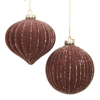 Glass Flocked Brown With Gold Stripes Ball & Onion Ornaments