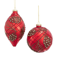 Glass Red Ball & Finial With Pinecones & Branches Ornaments