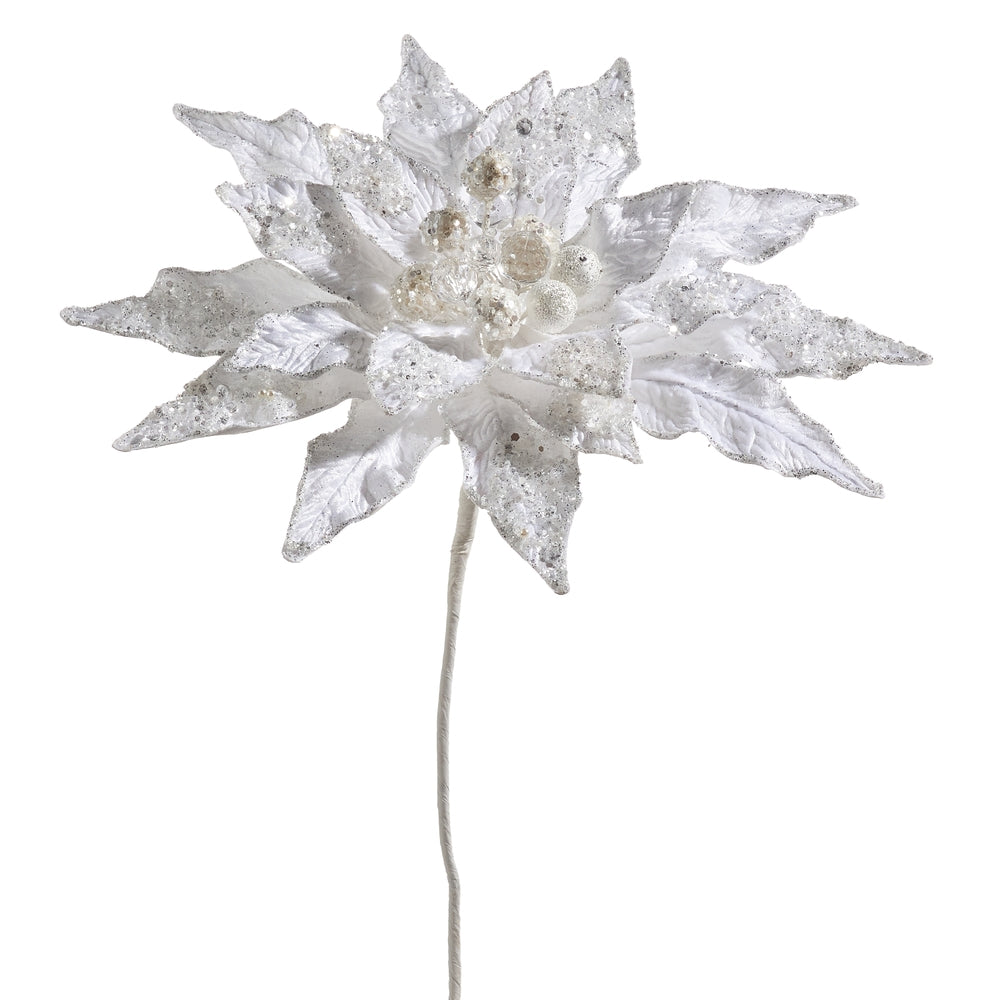 19" White Beaded Poinsettia Pick