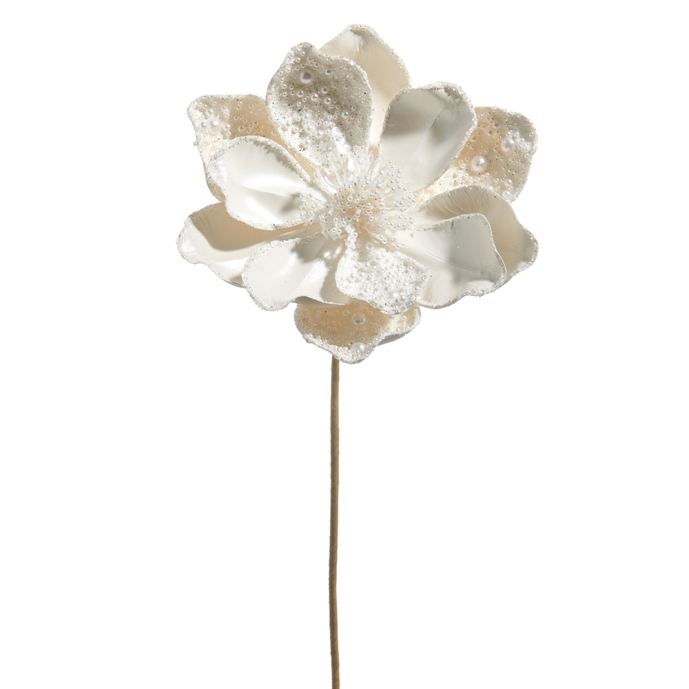 20" White Pearl Beaded Magnolia Pick