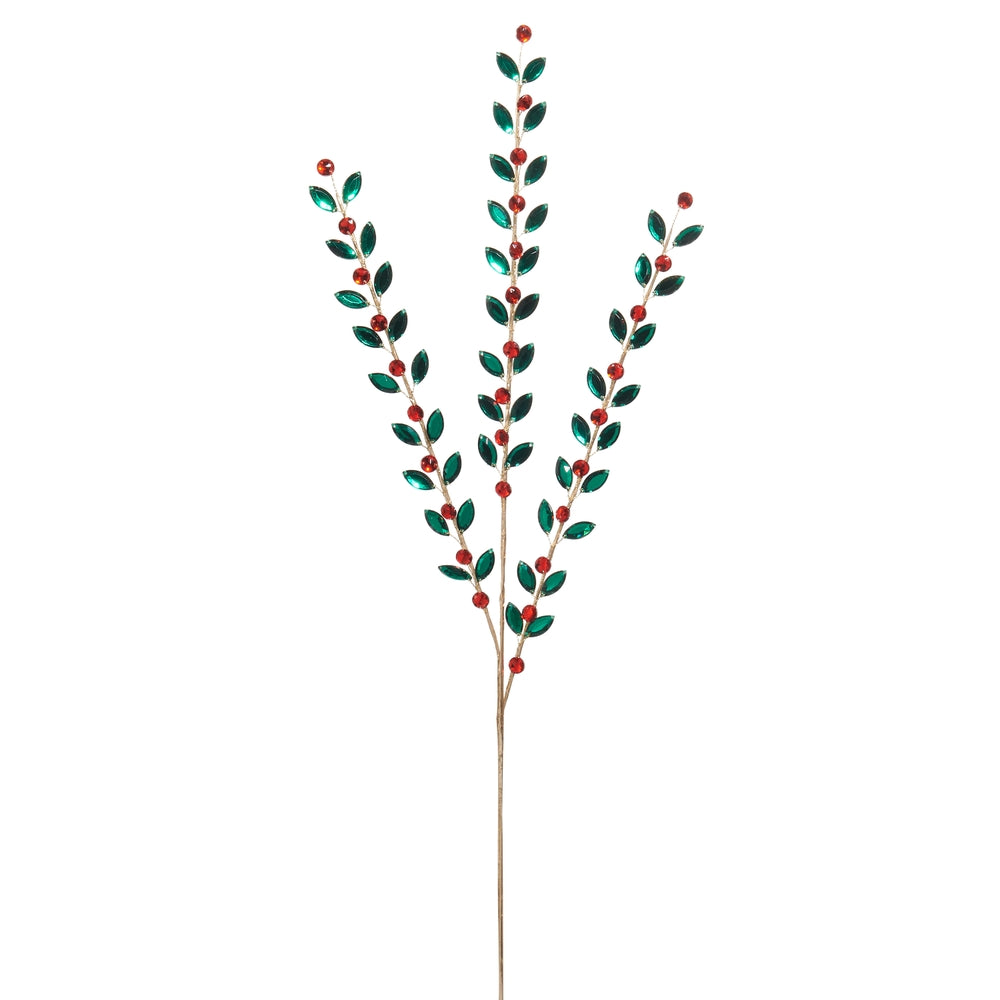 34" Red Green Jeweled Leaf Spray