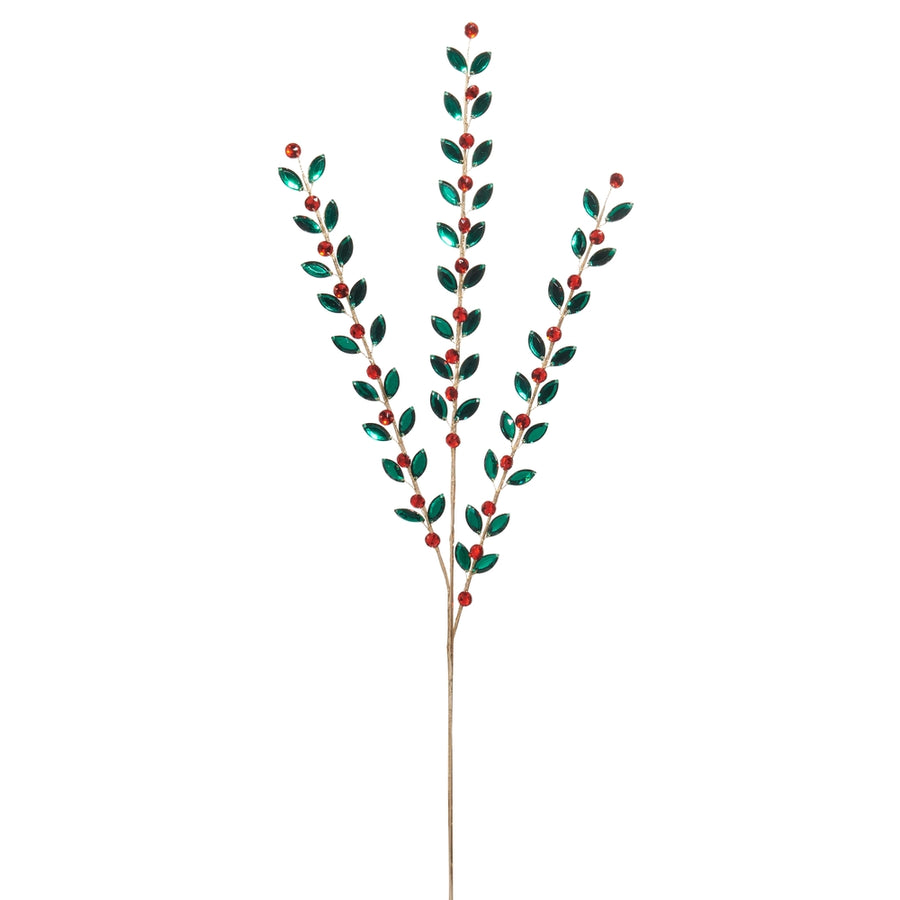 34" Red Green Jeweled Leaf Spray