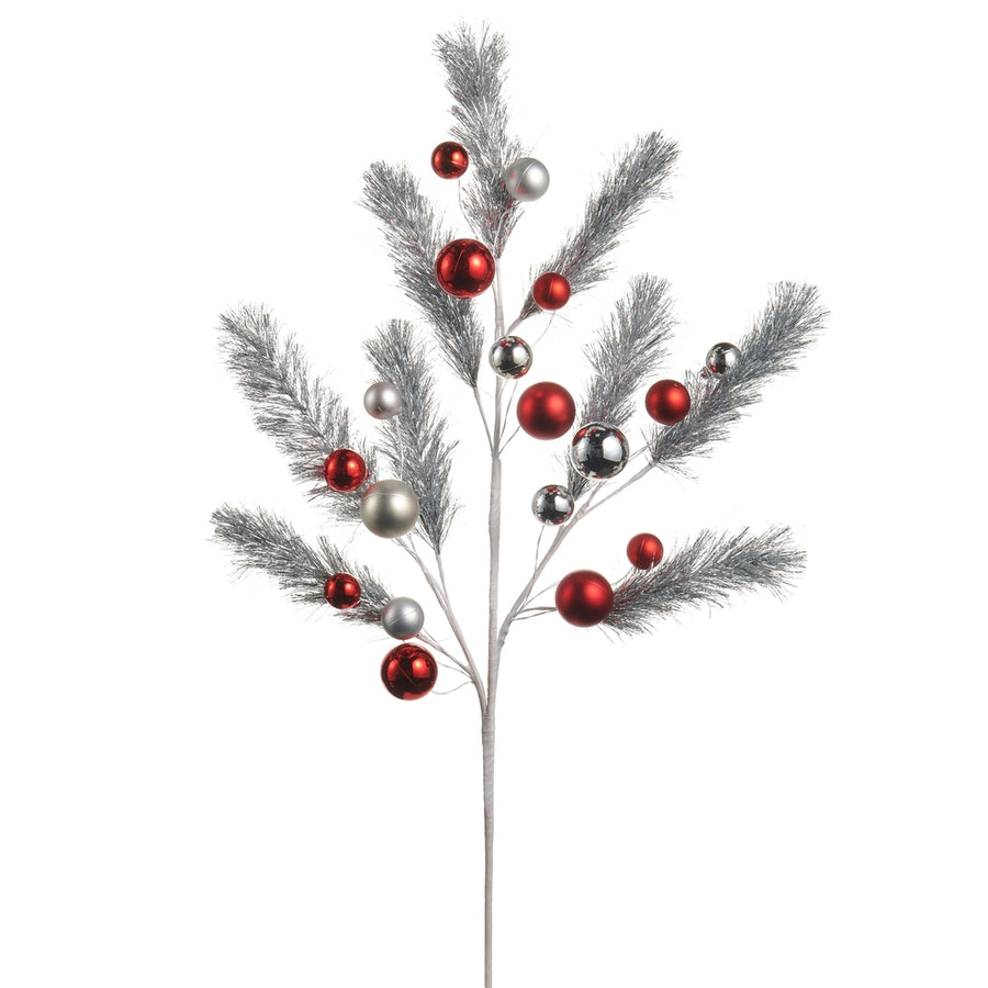 31" Tinsel and Red Ornament Spray