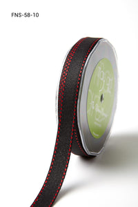 5/8 Inch Light Weight Twill Ribbon with Red Stitched Woven Edge – FNS-58-10 Black w/ red stitch