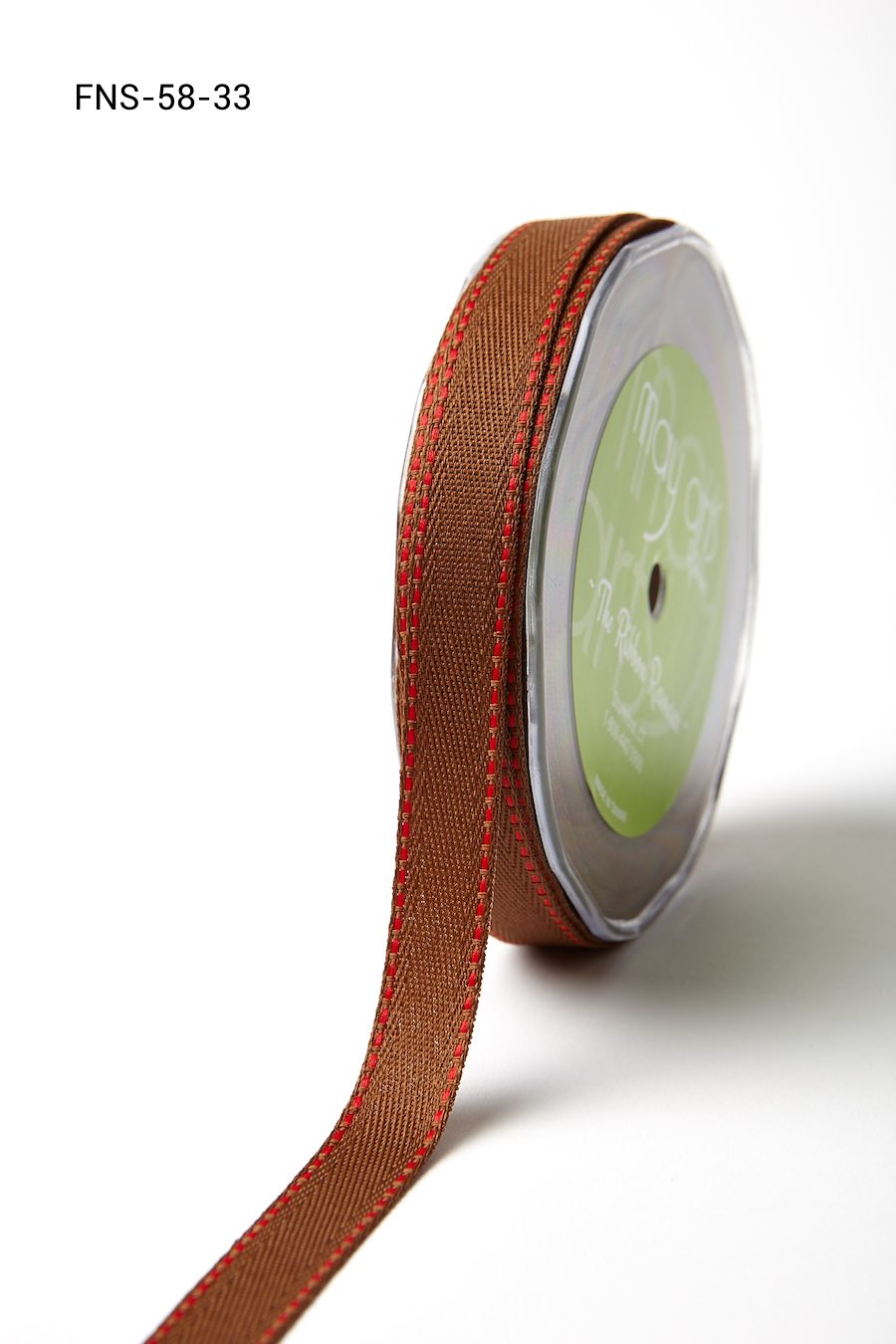5/8 Inch Light Weight Twill Ribbon with Red Stitched Woven Edge – FNS-58-33 Brown w/ red stitch