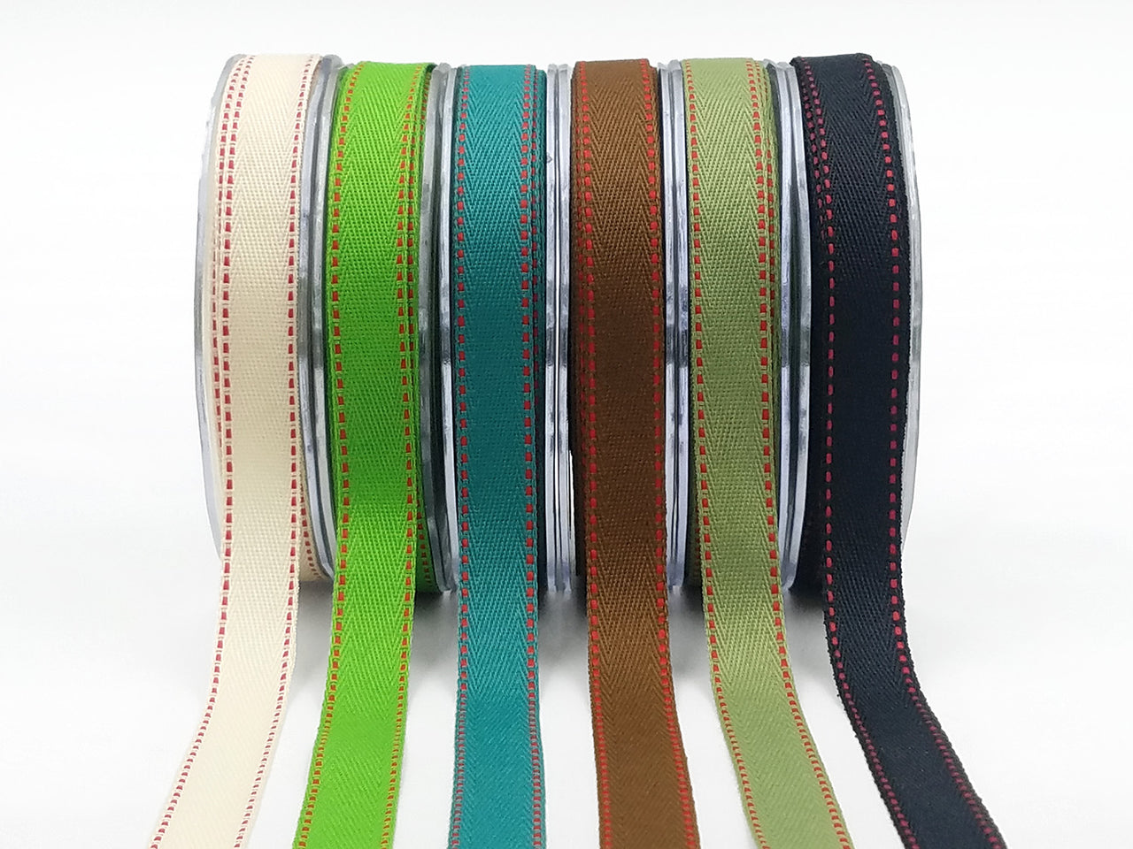 5/8 Inch Light Weight Twill Ribbon with Red Stitched Woven Edge