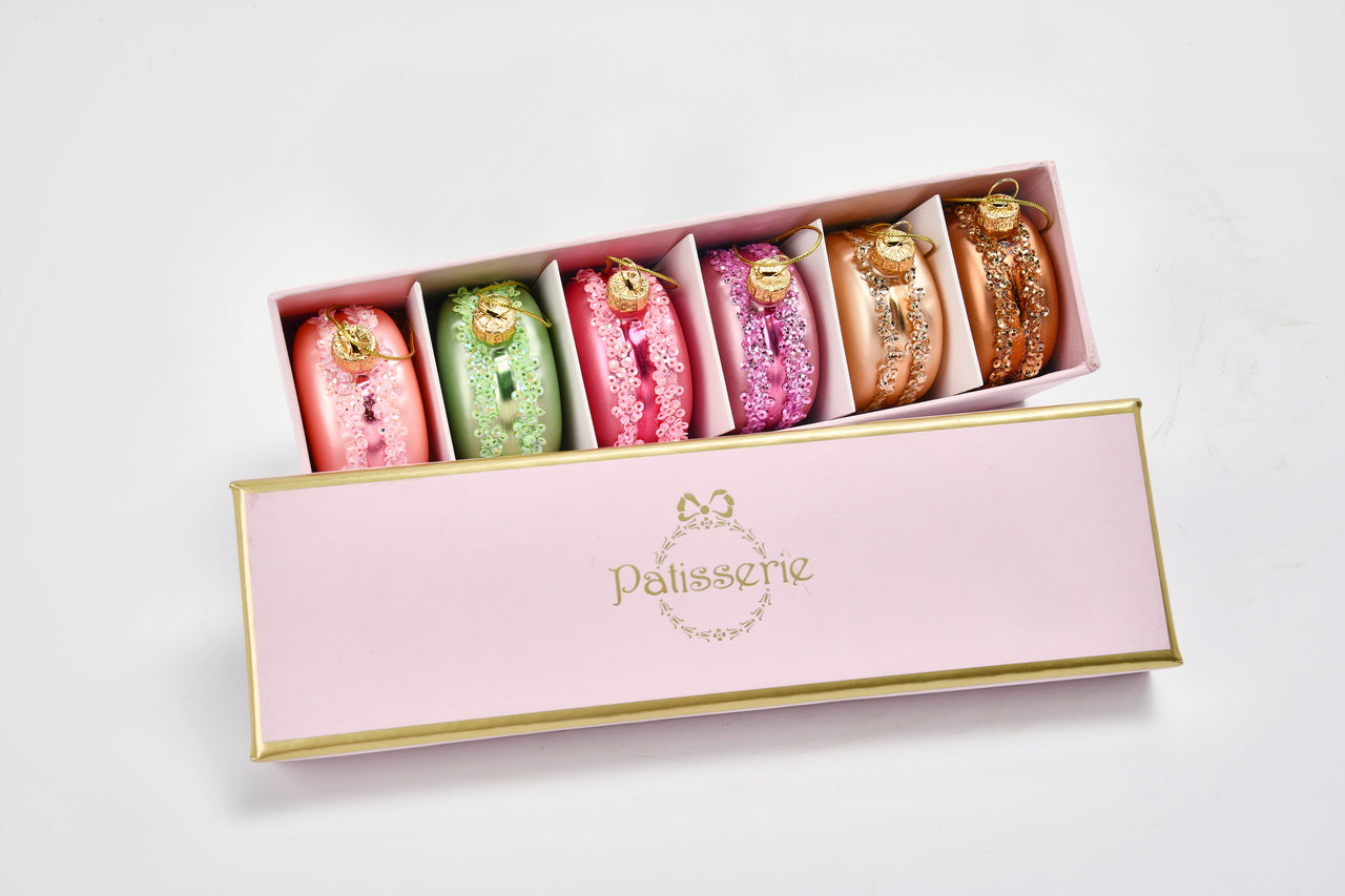 Set Of 6 Christmas Macaron Ornament W/ Pink Giftbox