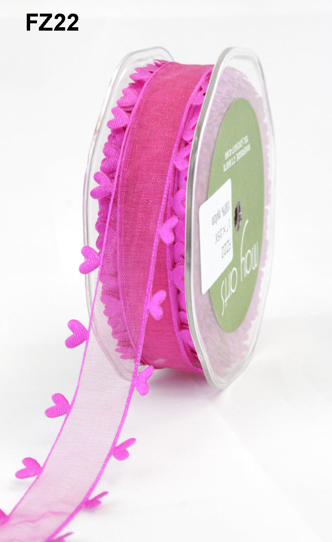 1 Inch Sheer Ribbon with Woven Heart Edge – FZ22 Hot Pink