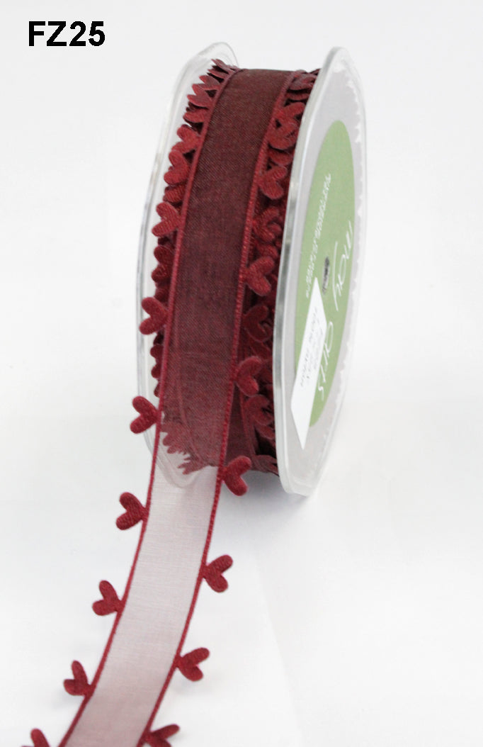 1 Inch Sheer Ribbon with Woven Heart Edge – FZ25 Burgundy