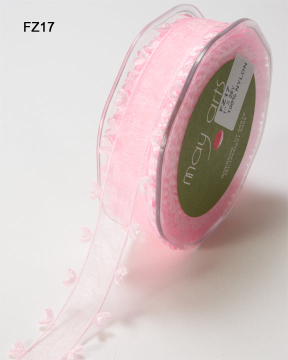 1 Inch Sheer Ribbon with Woven Heart Edge – FZ17 Pink