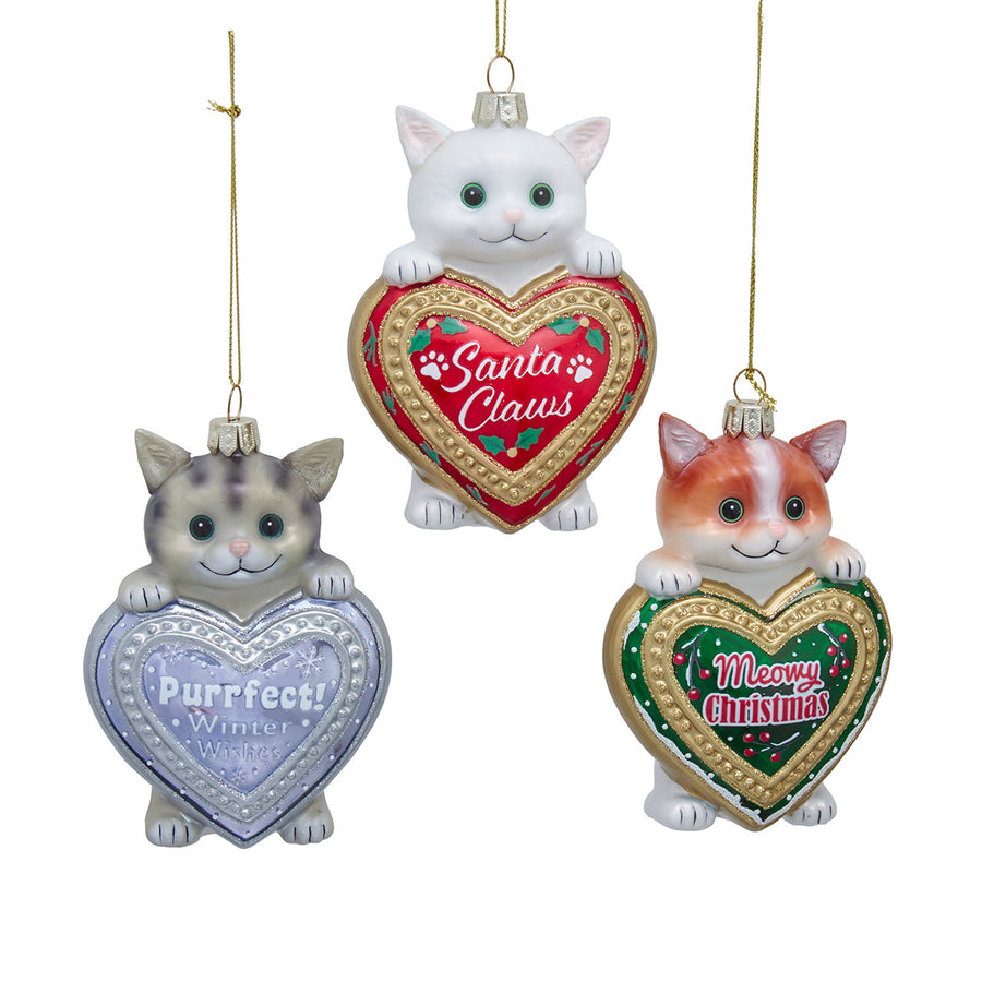 Glass Cat With Heart & Sayings Ornaments