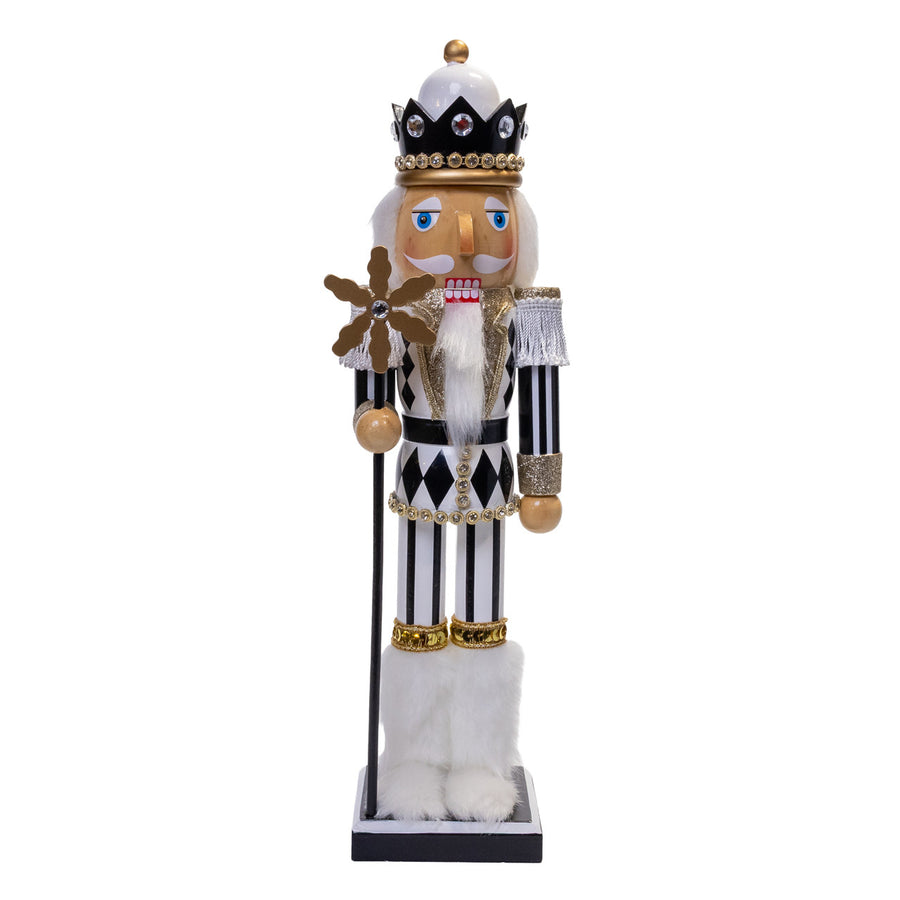 15" Black, White & Gold Nutcracker With Gold Glitter Staff