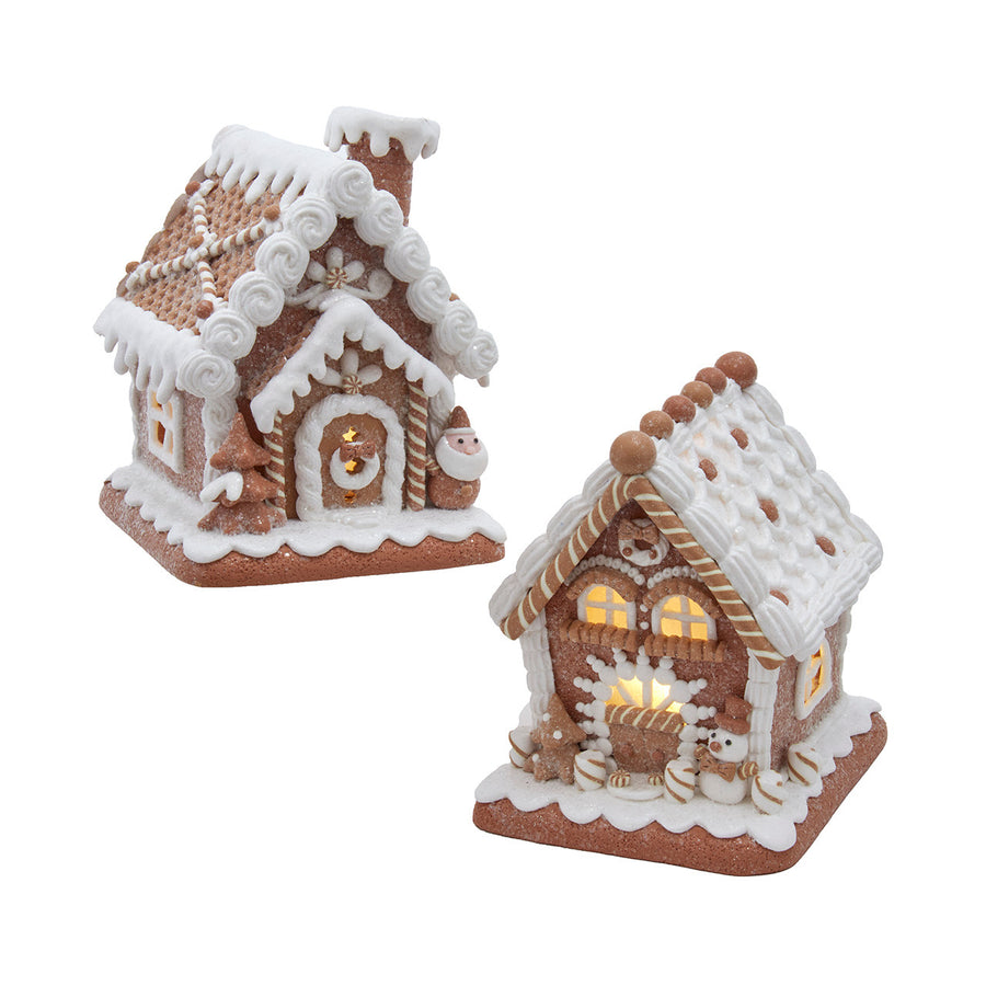6" Battery Operated LED Gingerbread House With Santa & Snowman