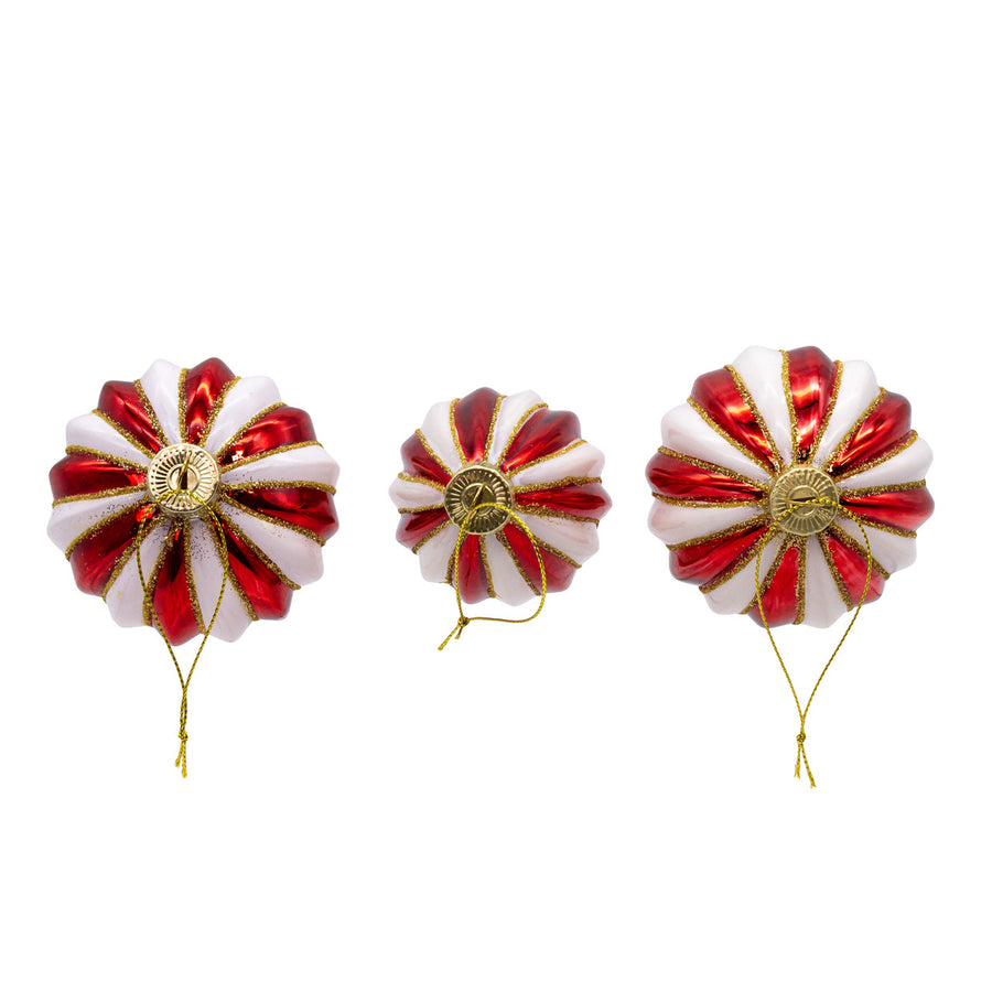 80MM Red & White Stripe Ball, Finial & Drop With Gold Glitter Ornaments