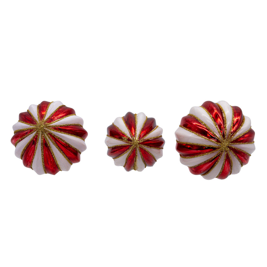 80MM Red & White Stripe Ball, Finial & Drop With Gold Glitter Ornaments