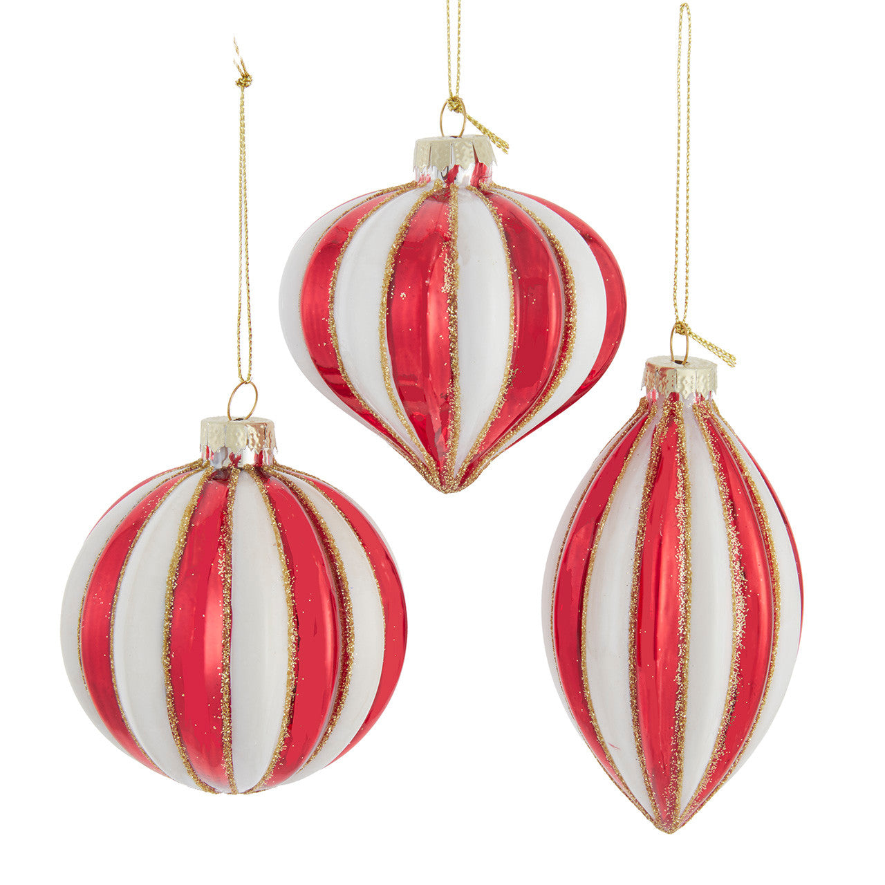 80MM Red & White Stripe Ball, Finial & Drop With Gold Glitter Ornaments