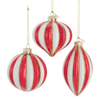 80MM Red & White Stripe Ball, Finial & Drop With Gold Glitter Ornaments