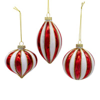 80MM Red & White Stripe Ball, Finial & Drop With Gold Glitter Ornaments