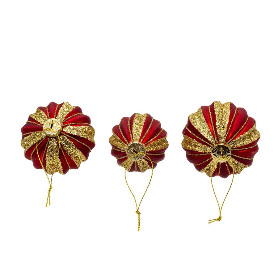 80MM Glass Red With Gold Glitter Stripe Ball, Finial & Drop Ornaments