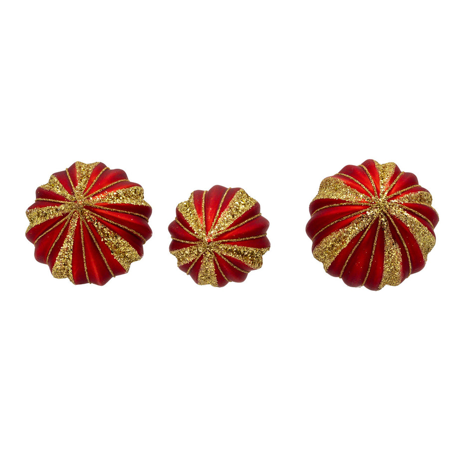 80MM Glass Red With Gold Glitter Stripe Ball, Finial & Drop Ornaments