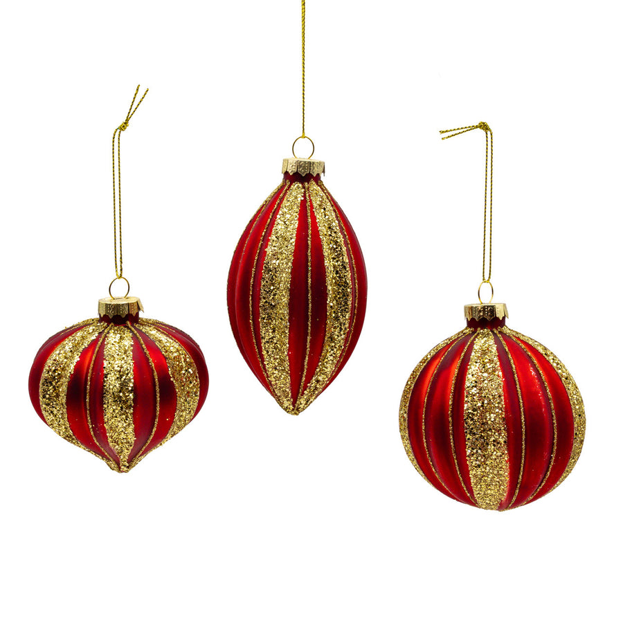 80MM Glass Red With Gold Glitter Stripe Ball, Finial & Drop Ornaments
