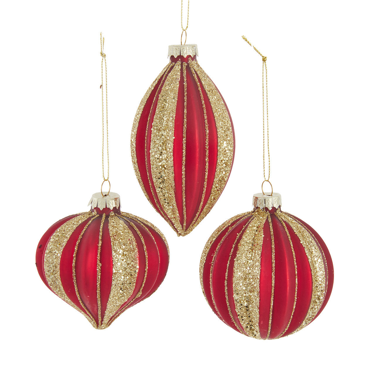 80MM Glass Red With Gold Glitter Stripe Ball, Finial & Drop Ornaments