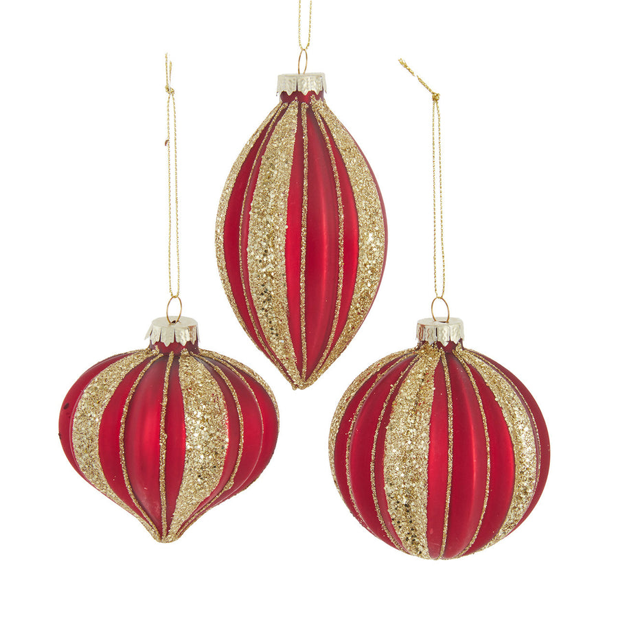 80MM Glass Red With Gold Glitter Stripe Ball, Finial & Drop Ornaments
