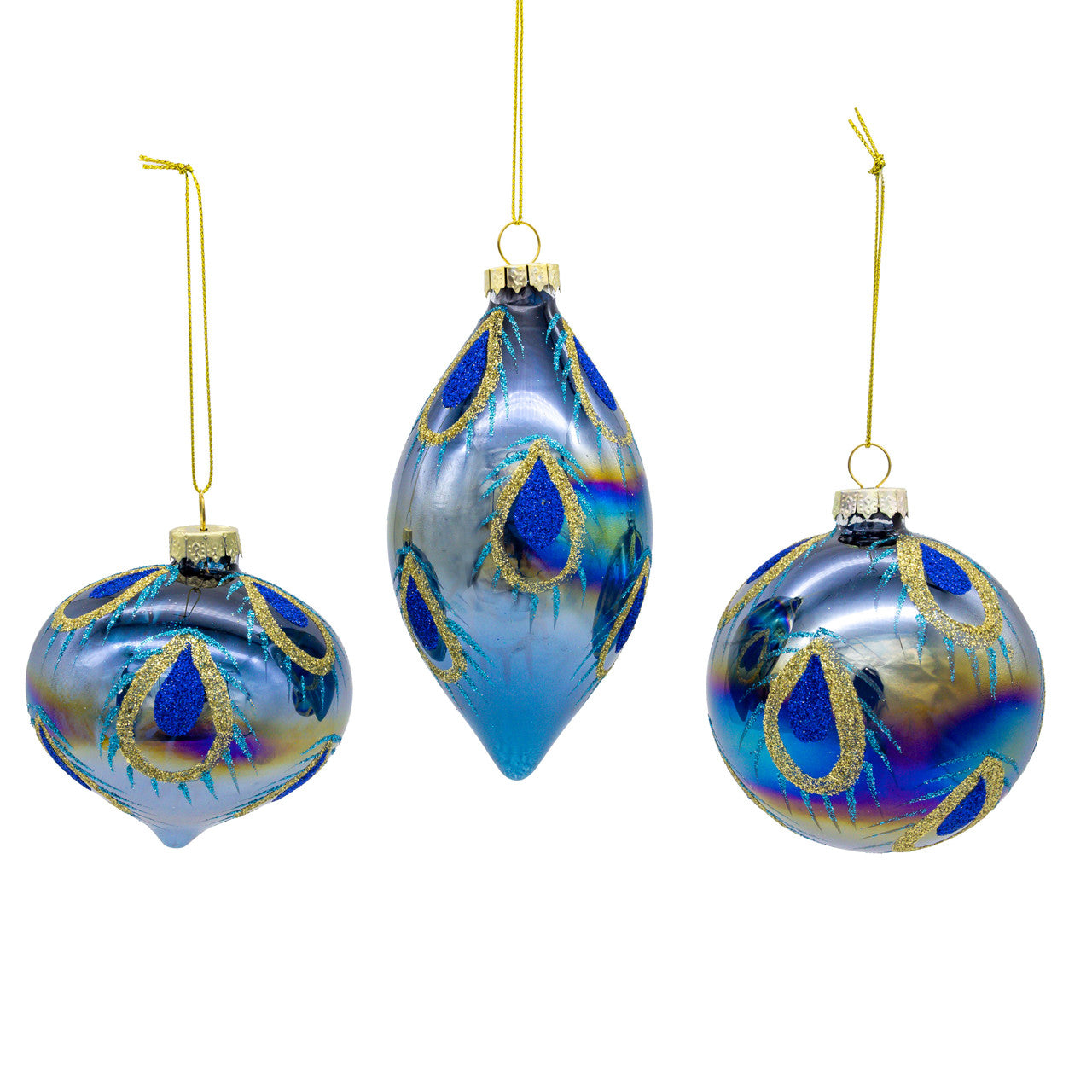 80MM Glass Glittered Peacock Color Ball, Finial & Onion Ornaments
