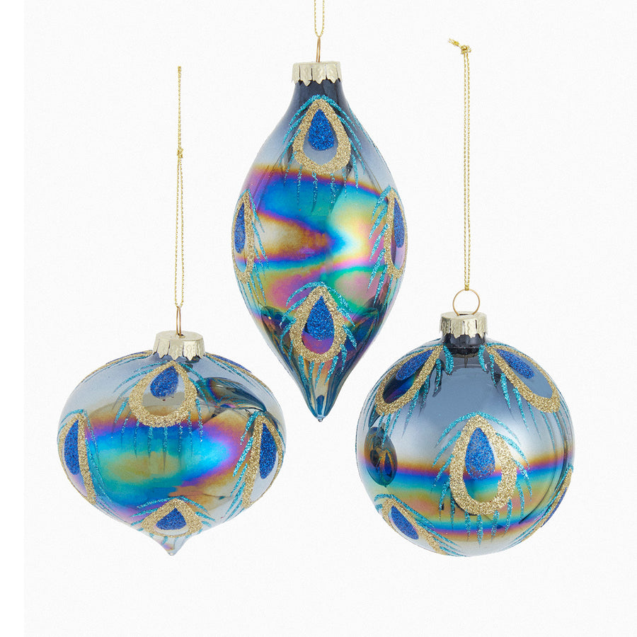 80MM Glass Glittered Peacock Color Ball, Finial & Onion Ornaments