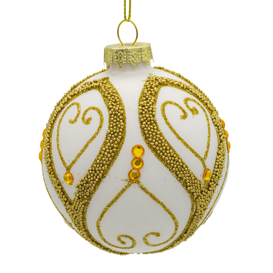 80MM Glass White Balls With Silver & Gold Beads & Gems Ornament Set