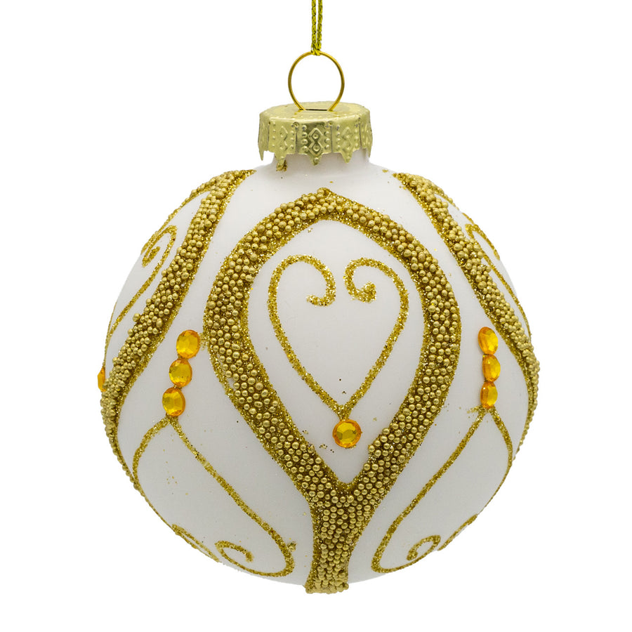 80MM Glass White Balls With Silver & Gold Beads & Gems Ornament Set