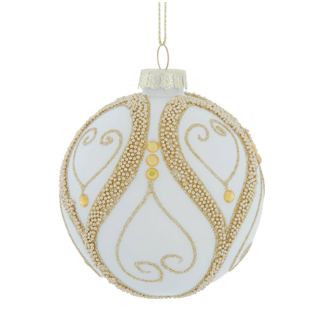 80MM Glass White Balls With Silver & Gold Beads & Gems Ornament Set
