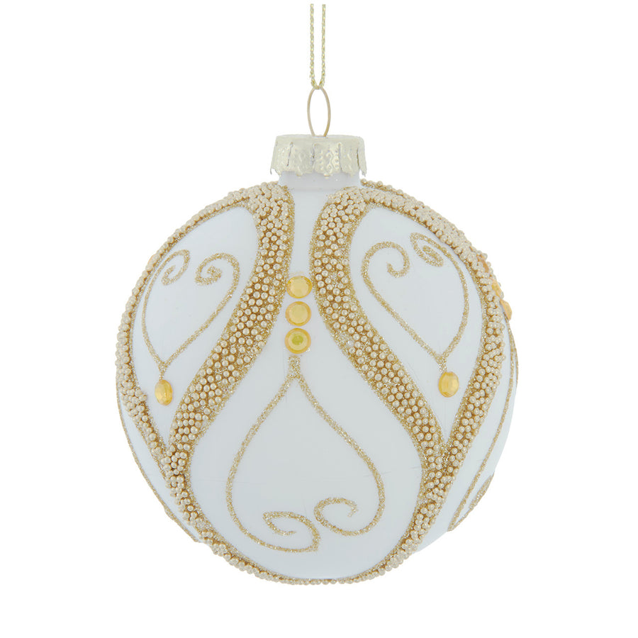80MM Glass White Balls With Silver & Gold Beads & Gems Ornament Set