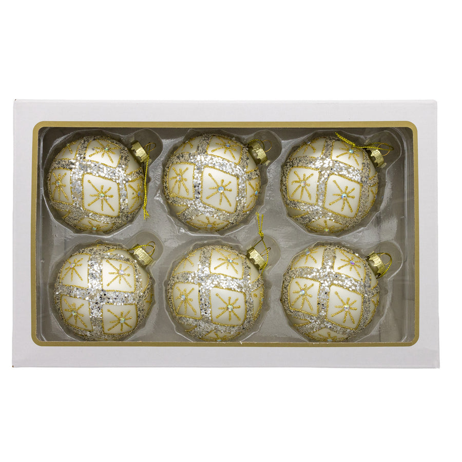 80MM Glass Silver Balls With Gold & Silver Criss-Cross Glitter Design Set