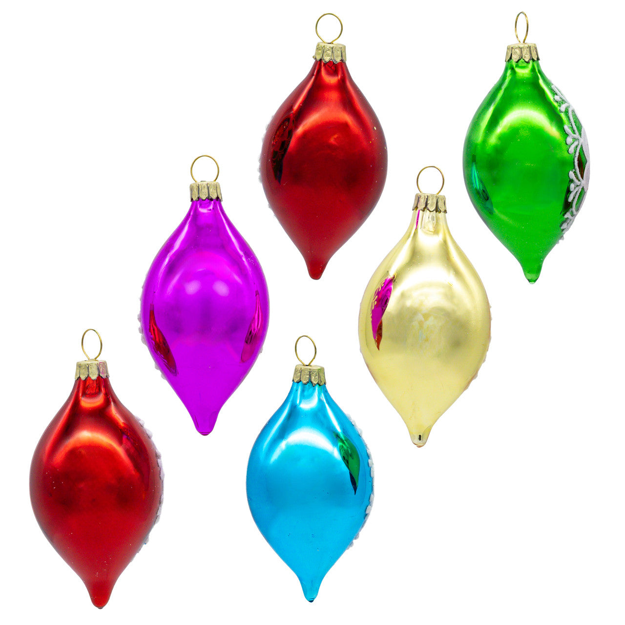 88MM Glass Multicolor Reflector With White Glitter Drop Ornament Set