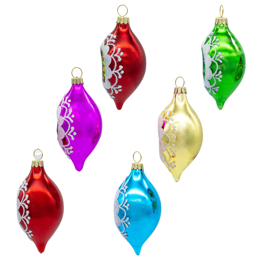 88MM Glass Multicolor Reflector With White Glitter Drop Ornament Set