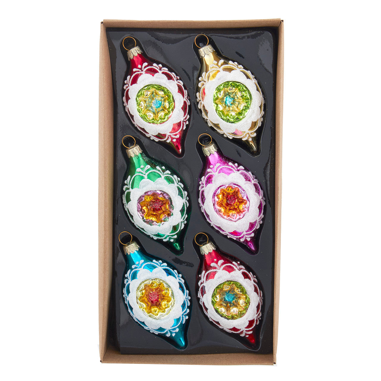 88MM Glass Multicolor Reflector With White Glitter Drop Ornament Set