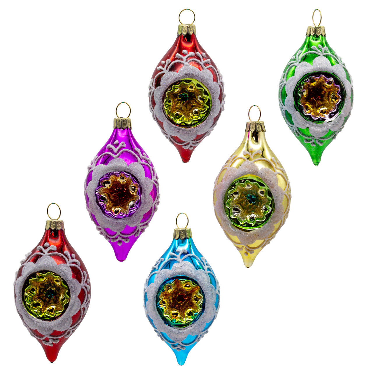 88MM Glass Multicolor Reflector With White Glitter Drop Ornament Set