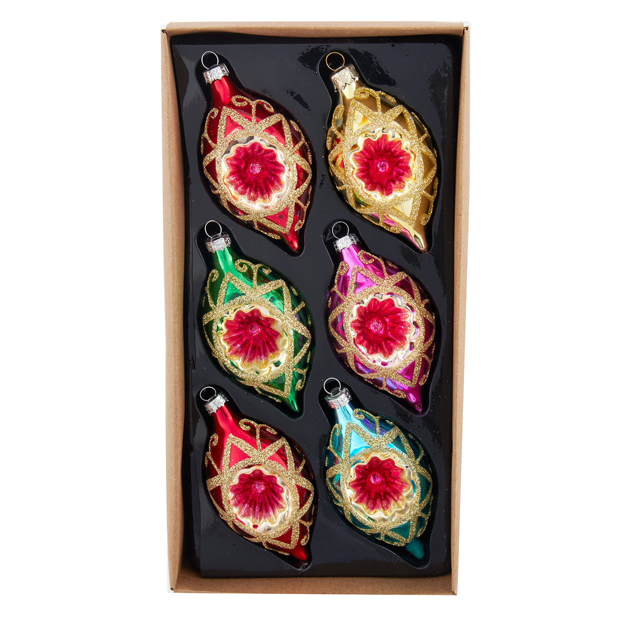 88MM Glass Multicolor Reflector With Gold Glitter Drop Ornament Set