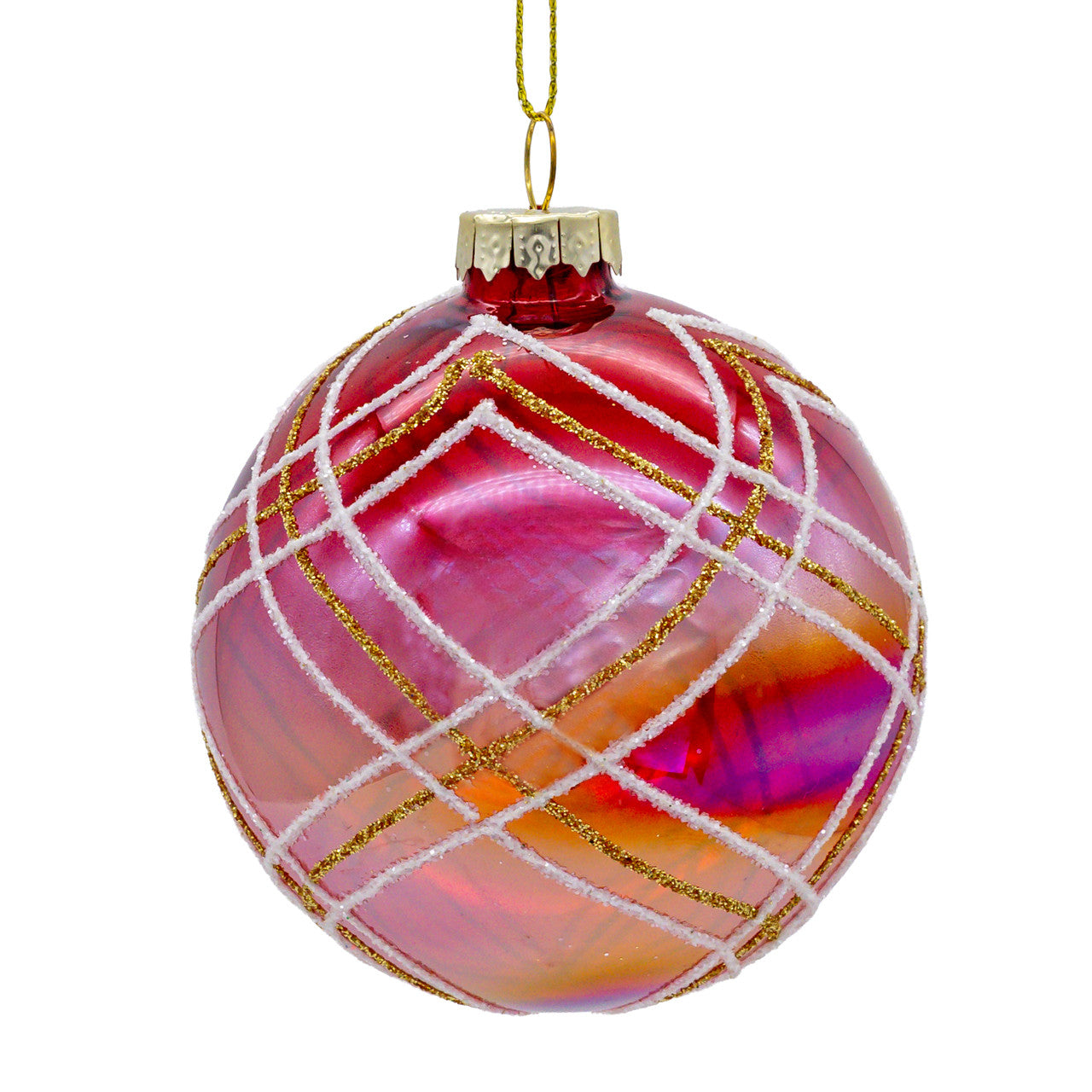 80MM Glass Transparent Red With White & Gold Glitter Stripe Ball Ornament Set