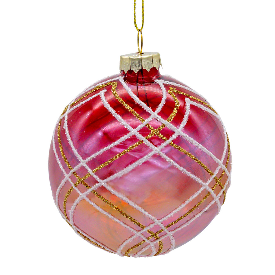 80MM Glass Transparent Red With White & Gold Glitter Stripe Ball Ornament Set