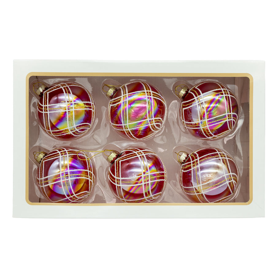 80MM Glass Transparent Red With White & Gold Glitter Stripe Ball Ornament Set