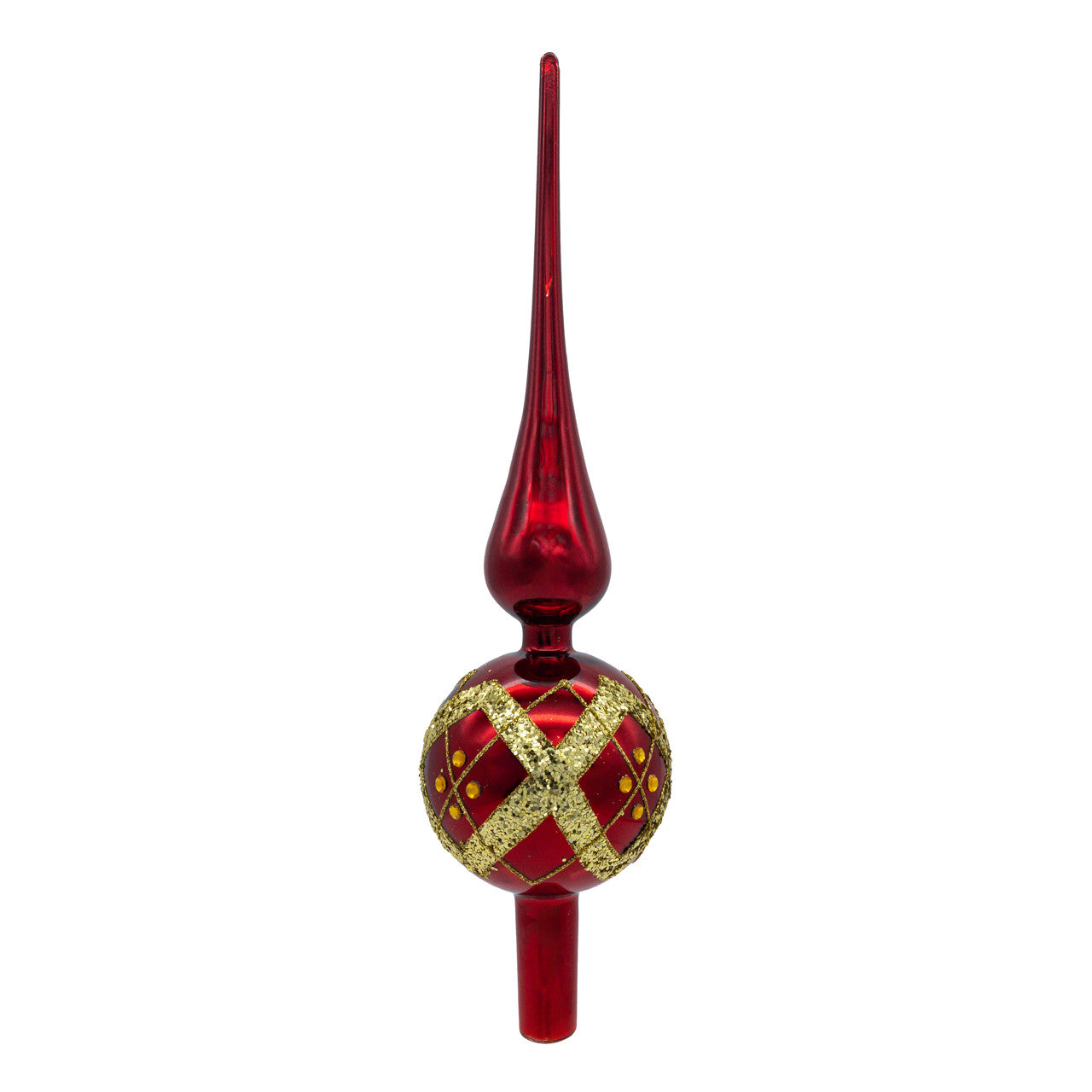 12"Glass Red Ball & Gold Stripe With Glittered Ivy Finial Treetop