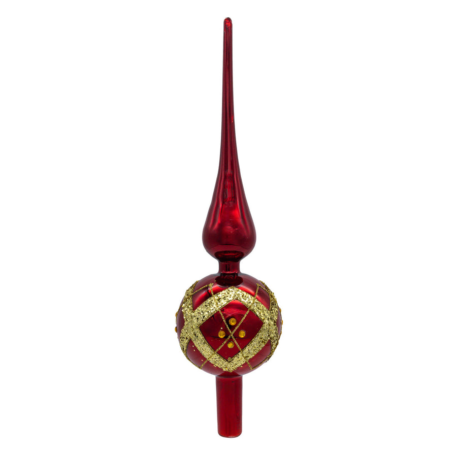 12"Glass Red Ball & Gold Stripe With Glittered Ivy Finial Treetop