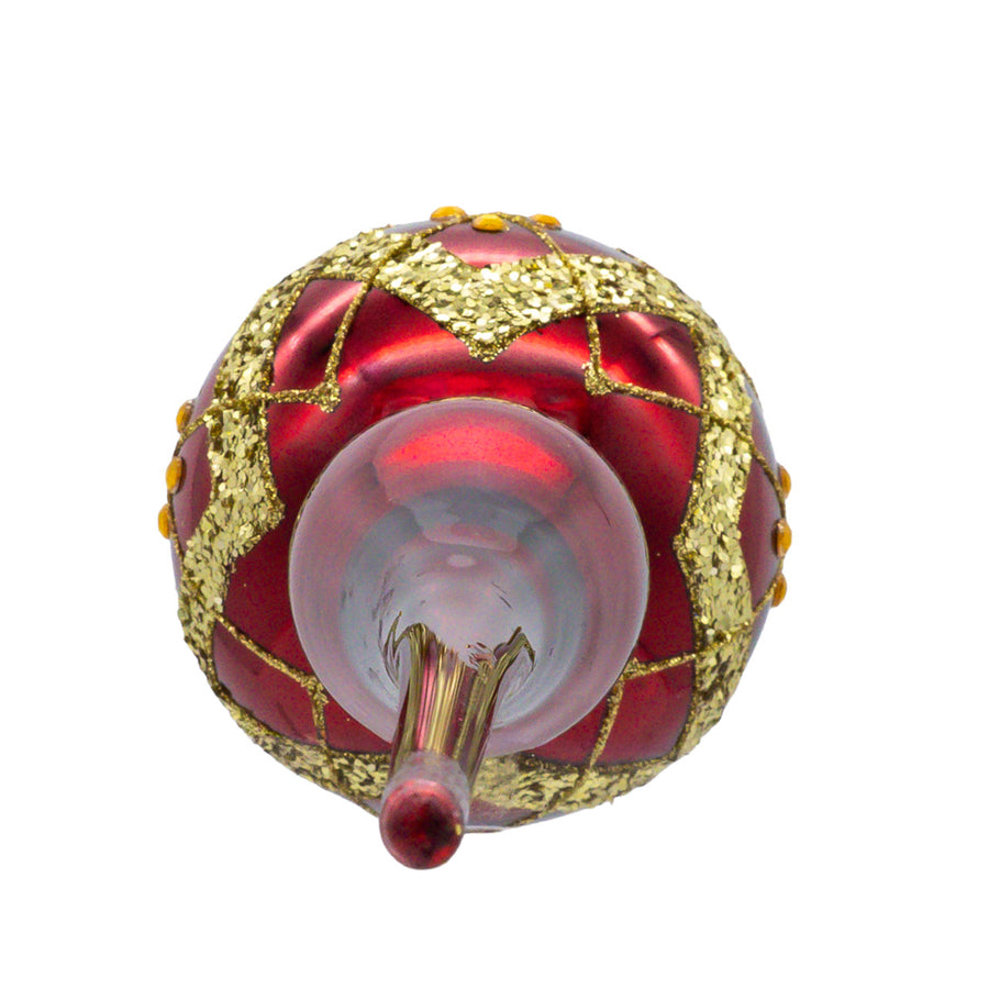 12"Glass Red Ball & Gold Stripe With Glittered Ivy Finial Treetop