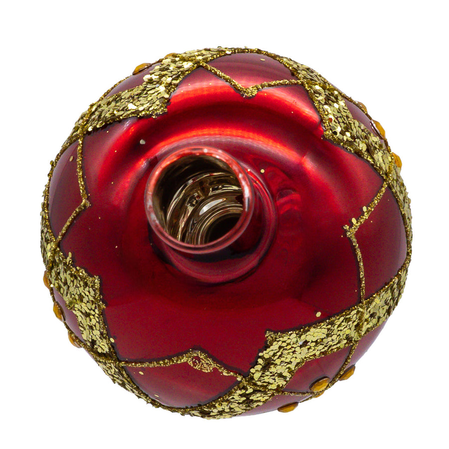 12"Glass Red Ball & Gold Stripe With Glittered Ivy Finial Treetop