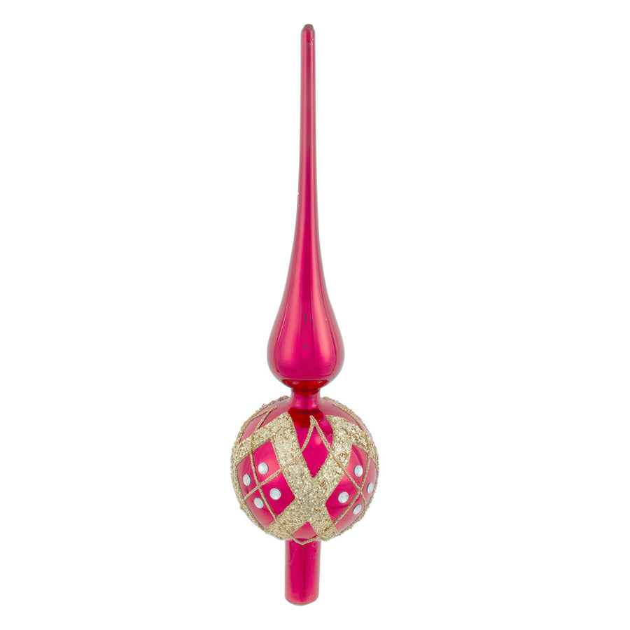 12"Glass Red Ball & Gold Stripe With Glittered Ivy Finial Treetop