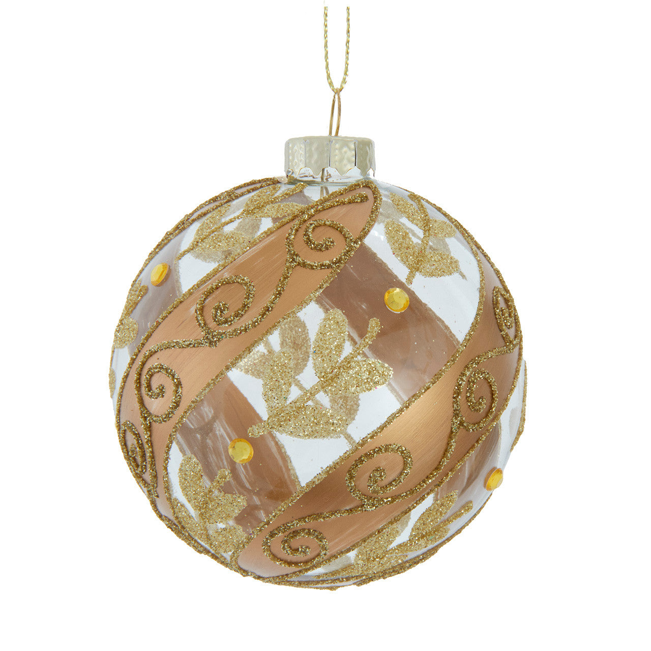 80MM Glass Transparent Ball With Gold Stripe & Glittered Ivy Leaves Ball Ornament