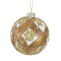 80MM Glass Transparent Ball With Gold Stripe & Glittered Ivy Leaves Ball Ornament