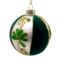 80MM Glass Flocked Green & White With Shamrocks Ball Ornaments